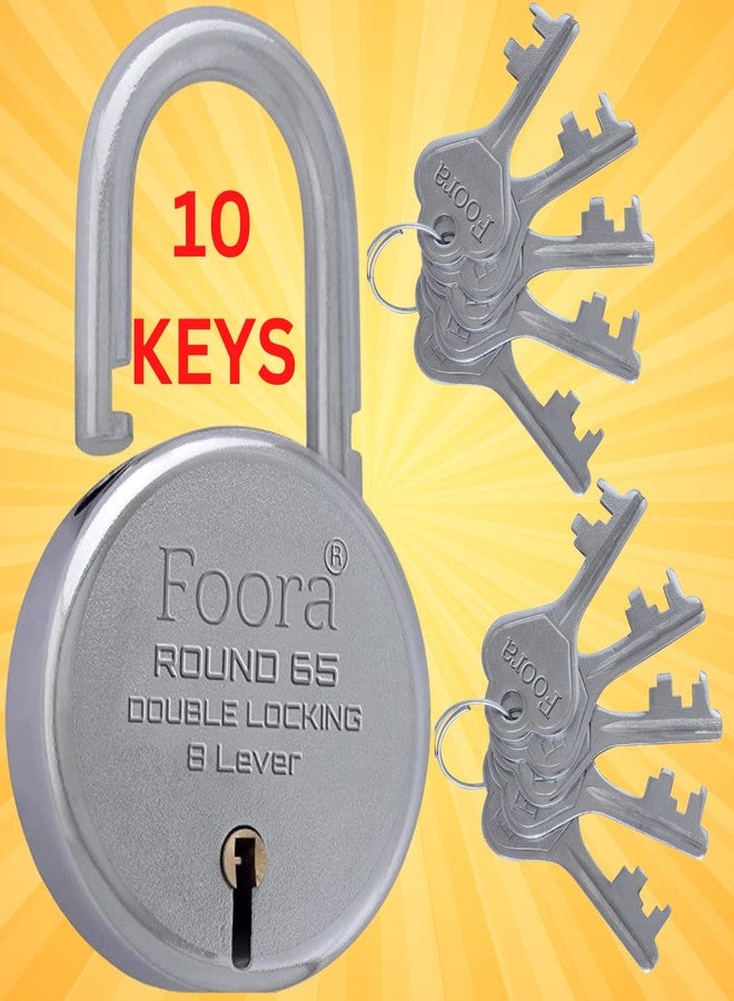 Foora Aligarh Lock for Door, Gate, Shutter with 10 Keys - Round 65mm Padlock, Double Locking Mechanism, 8 Lever, Silver Finish - Image 1