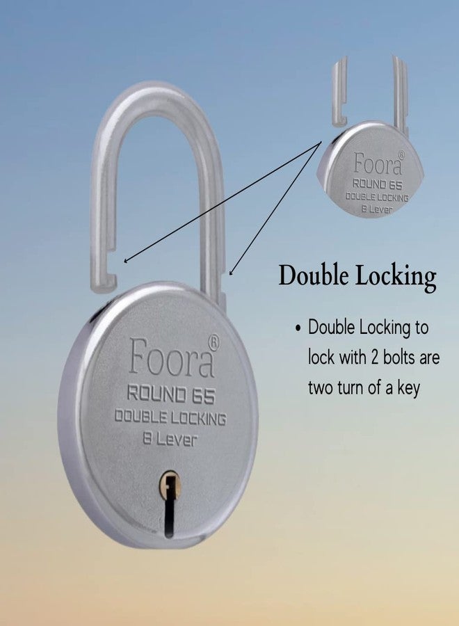 Foora Aligarh Lock for Door, Gate, Shutter with 10 Keys - Round 65mm Padlock, Double Locking Mechanism, 8 Lever, Silver Finish - Image 2