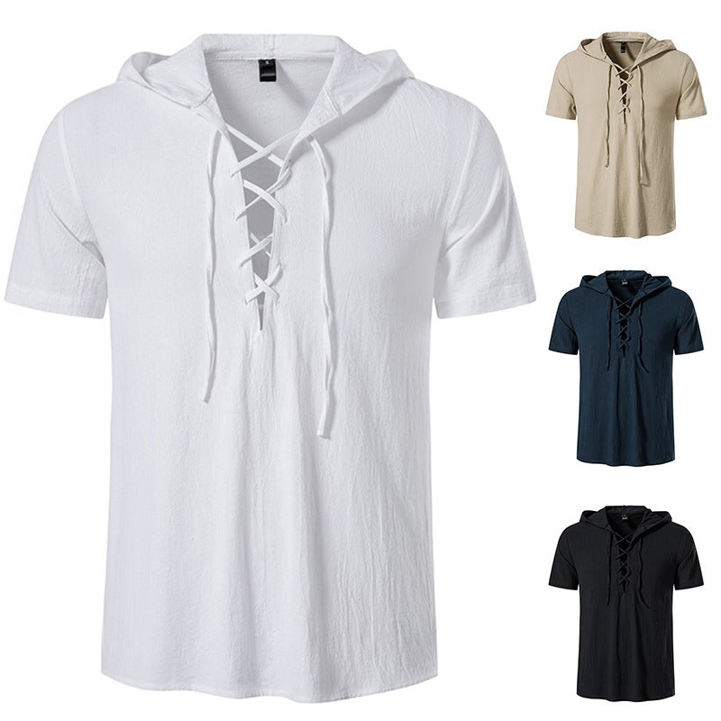 Amazon Mens Short Sleeve Shirt 2024 Summer Tether Cotton Hoodie Casual Beach Yoga Plus Size Shirt Navy  - Image 5
