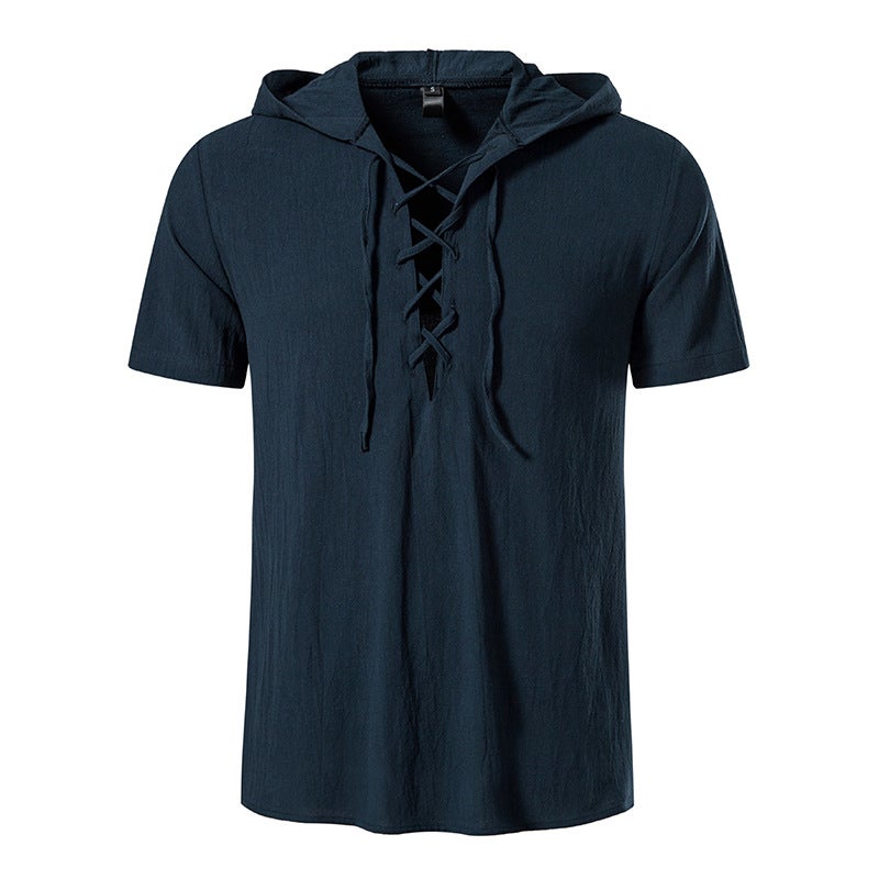 Amazon Mens Short Sleeve Shirt 2024 Summer Tether Cotton Hoodie Casual Beach Yoga Plus Size Shirt Navy  - Image 1