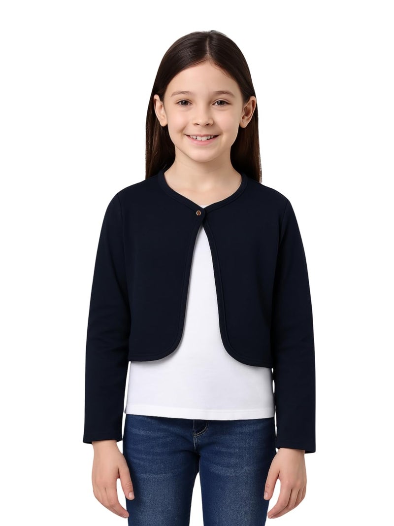 KRYPTIC Girls Solid Pure Cotton Open Front Shrug in Navy for Kids - Image 1