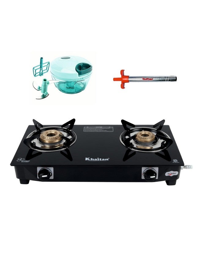 Khaitan Khaitan Gas Stove Combo - One 2 Burner Nano Gas Stove + 1 Hindflame Gas Ligher + 1 Hindflame Chopper 500 ml, Toughened Glass  - Image 1