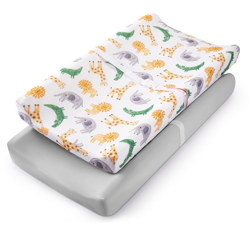 TILLYOU Baby Changing Pad Cover, Changing Table Cover for Girls Boys, Ultra Soft Breathable, 2 Pack African Steppe & Grey - Image 1