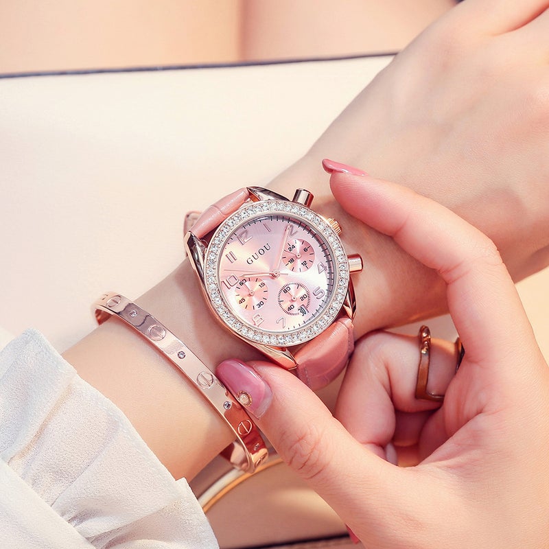 Ancient European Watch Hong Kong GUOU Disc Large Dial Quartz Watch Personalized Multifunctional Three Eyes Full Diamond Belt Watch Pink 