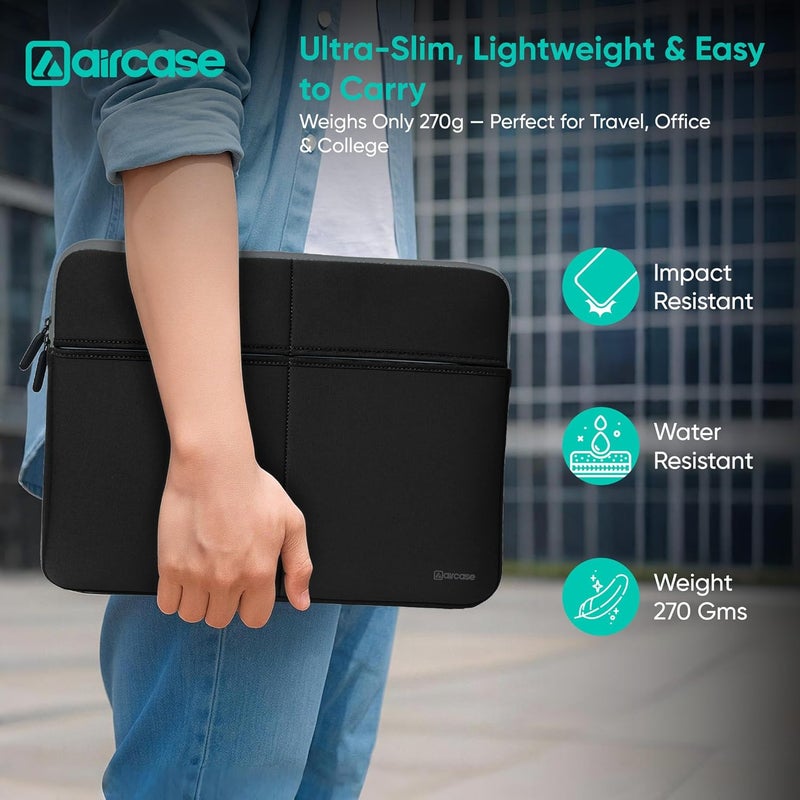 AirCase حقيبة لابتوب مميزة مع 6 جيوب تناسب لابتوب/ماك بوك حتى 14.1" ، خالية من التجاعيد، مبطنة، مقاومة للماء، غلاف ناعم من النيوبرين، للرجال والنساء، أسود - ضمان 6 أشهر - Image 4