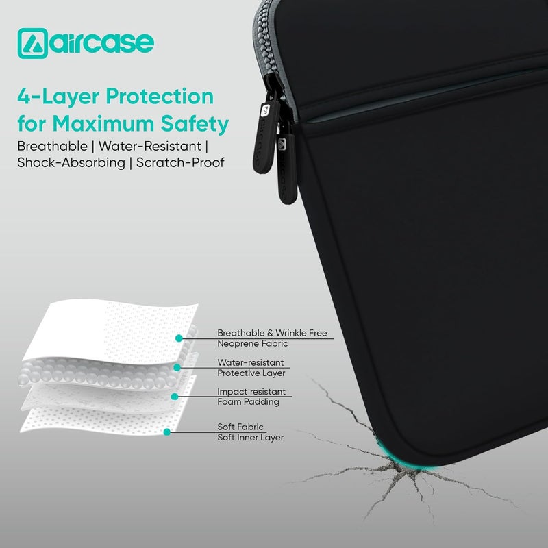 AirCase حقيبة لابتوب مميزة مع 6 جيوب تناسب لابتوب/ماك بوك حتى 14.1" ، خالية من التجاعيد، مبطنة، مقاومة للماء، غلاف ناعم من النيوبرين، للرجال والنساء، أسود - ضمان 6 أشهر - Image 2