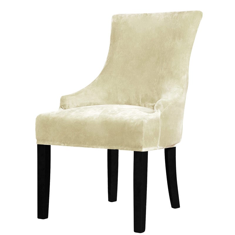 Lellen Velvet Stretch Wingback Chair Cover Slipcover  Reusable Protector Cover for Dining Room Banquet Home Decor etc Machine Washable Hand Washable Cream 1PC
