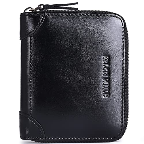 FALAN MULE Wallets For Men Genuine Leather Short RFID Blocking Zip-around Bifold Wallet（Black） - Image 1