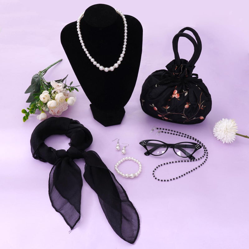 mifengda 7pcs Old Lady Costume Accessories 100th Day of School Dress Up Accessories Set Old Lady Granny Costume for Women with Glasses Bag Headscarf Sunglasses Chain Accessories for Cosplay Halloween (Black) - Image 4
