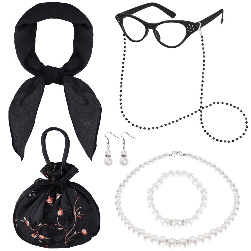 mifengda 7pcs Old Lady Costume Accessories 100th Day of School Dress Up Accessories Set Old Lady Granny Costume for Women with Glasses Bag Headscarf Sunglasses Chain Accessories for Cosplay Halloween (Black) - Image 1