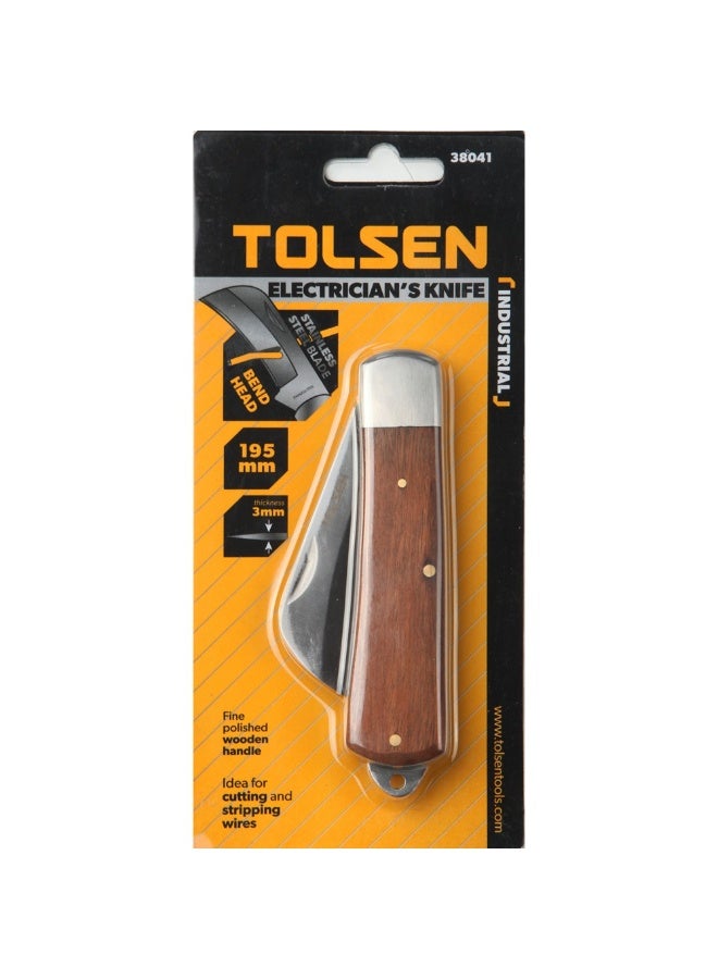 Tolsen 38041 Industrial Electrician's Knife 195mm – Curved Stainless Steel Blade with Polished Wooden Handle - Image 3