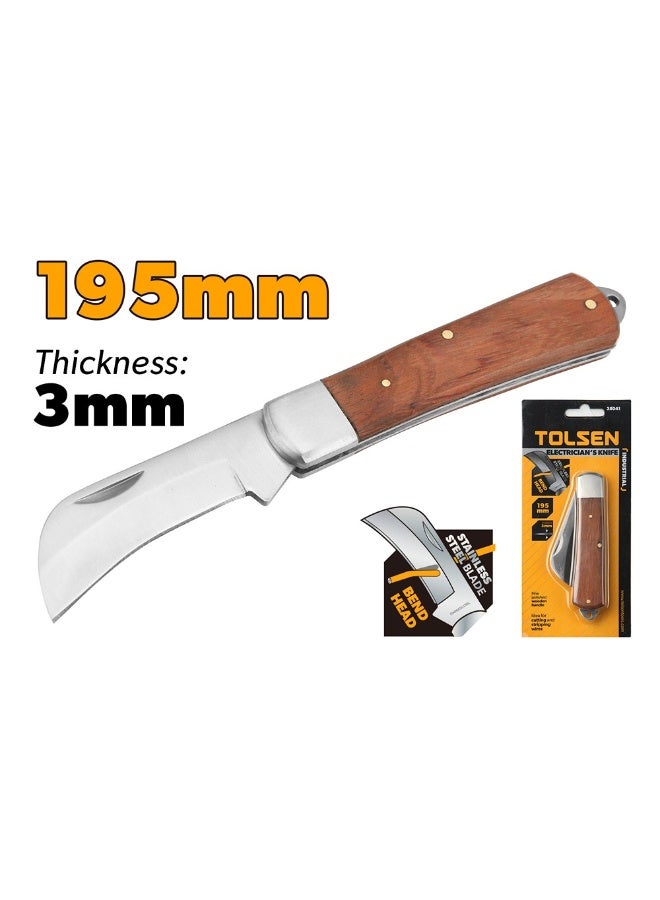 Tolsen 38041 Industrial Electrician's Knife 195mm – Curved Stainless Steel Blade with Polished Wooden Handle - Image 1
