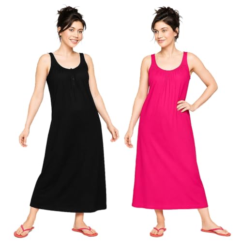 Garmend Women's Hosiery Cotton Full Length Camisole Long Inner Wear Slip-Kurti Petticoat Nighty Pack of 2 Pc (in, Alpha, XL, Regular, Black, Pink) - Image 1