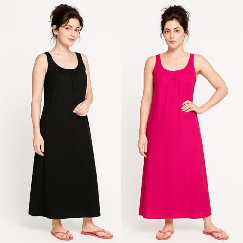 Garmend Women's Hosiery Cotton Full Length Camisole Long Inner Wear Slip-Kurti Petticoat Nighty Pack of 2 Pc (in, Alpha, XL, Regular, Black, Pink) - Image 2