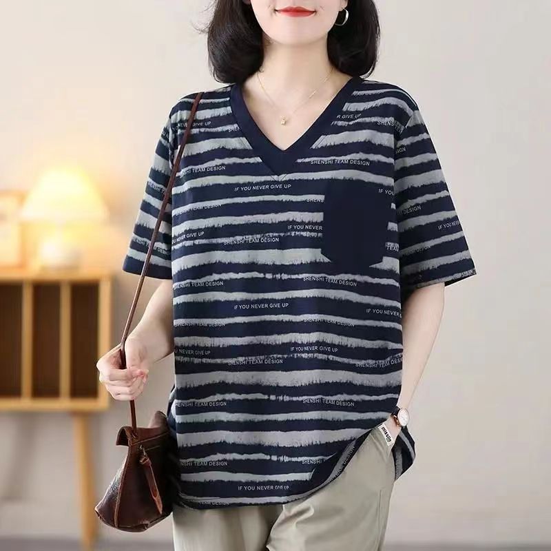 Summer Plus Size Striped Stylike Short-Sleeved Women'S V-Neck Casual All-Match Loose Flesh Covering Elegant T-Shirt For Women - Image 5