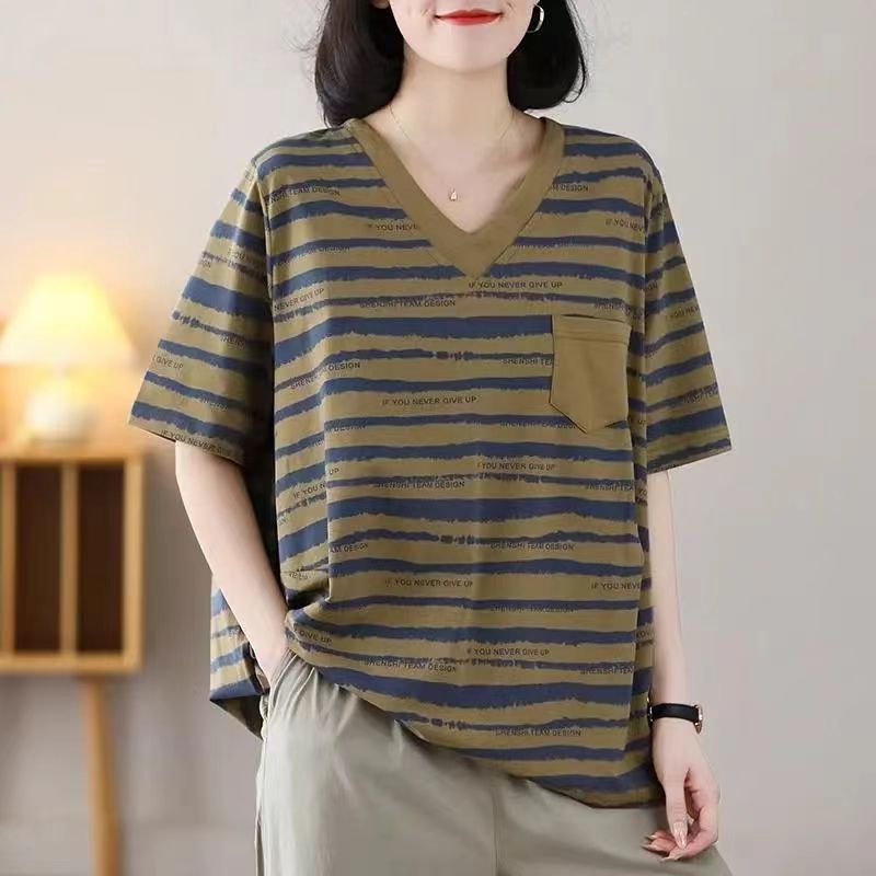 Summer Plus Size Striped Stylike Short-Sleeved Women'S V-Neck Casual All-Match Loose Flesh Covering Elegant T-Shirt For Women - Image 3
