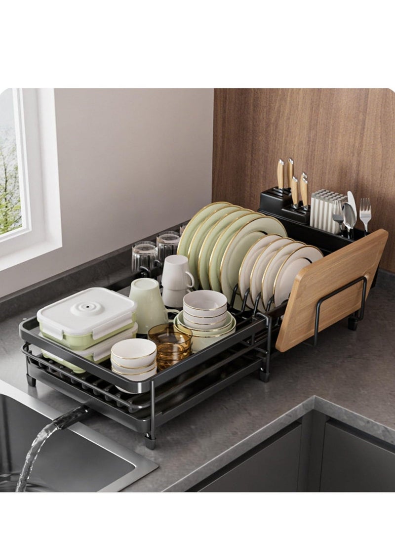 Anmi Expandable & Adjustable Dish Rack with Drainboard, 33-53.5cm Kitchen Dish Dryer with Rotatable Spout & Utensil Holder | Carbon Steel, Black - Image 3