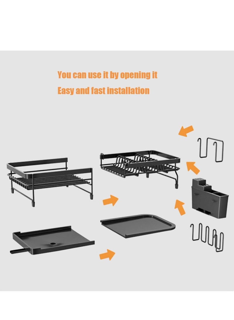 Anmi Expandable & Adjustable Dish Rack with Drainboard, 33-53.5cm Kitchen Dish Dryer with Rotatable Spout & Utensil Holder | Carbon Steel, Black - Image 5