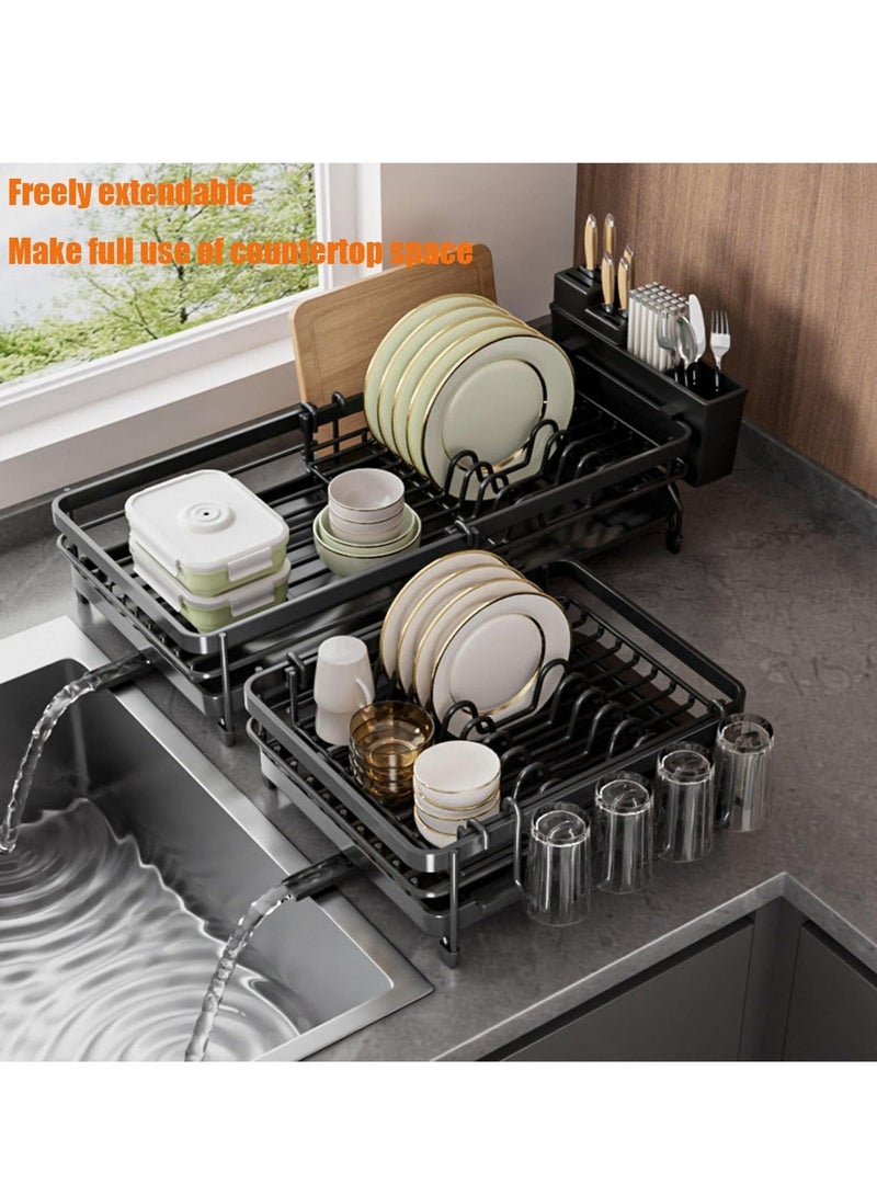 Anmi Expandable & Adjustable Dish Rack with Drainboard, 33-53.5cm Kitchen Dish Dryer with Rotatable Spout & Utensil Holder | Carbon Steel, Black - Image 4