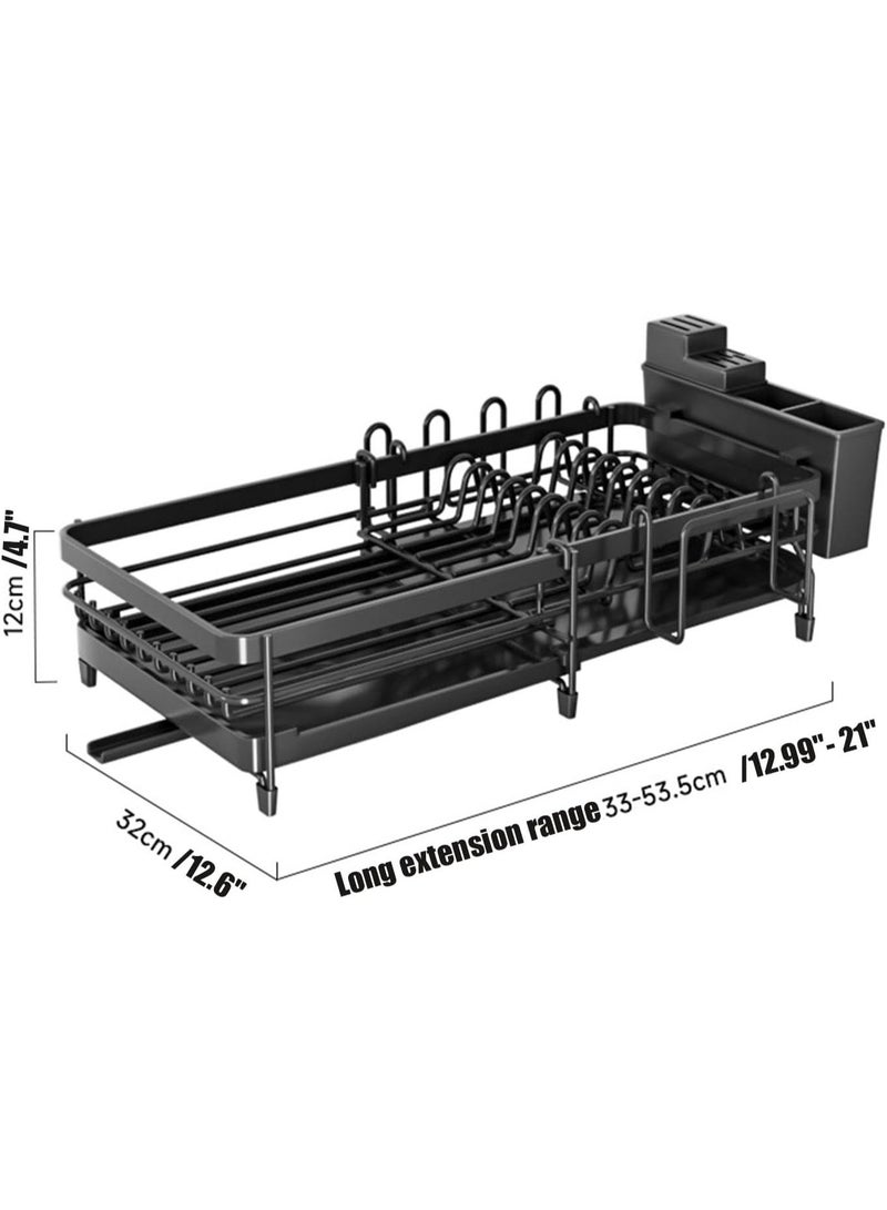 Anmi Expandable & Adjustable Dish Rack with Drainboard, 33-53.5cm Kitchen Dish Dryer with Rotatable Spout & Utensil Holder | Carbon Steel, Black - Image 2