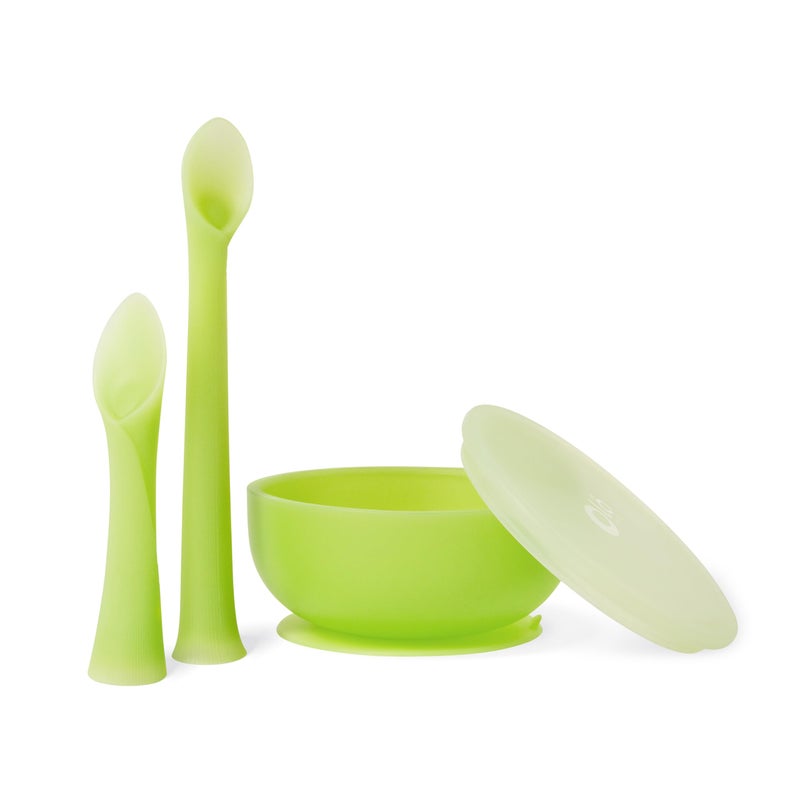 Olababy 3 Piece Parent Led and Baby Led Weaning First Feeding Set, Includes Training Spoon, Feeding Spoon and Suction Bowl with Lid - Image 1