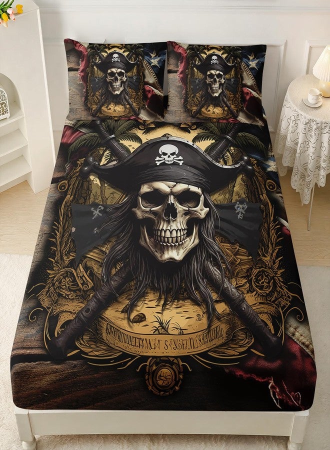 AILONEN Pirate Skull Fitted Sheet Set for Boys, Queen Size American Flag Captain Bed Sheet Set, 3-Piece Retro Nautical Skeleton Sheet With 2 Pillowcases - Image 1