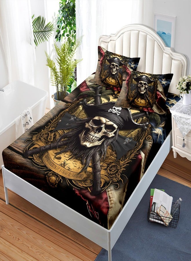AILONEN Pirate Skull Fitted Sheet Set for Boys, Queen Size American Flag Captain Bed Sheet Set, 3-Piece Retro Nautical Skeleton Sheet With 2 Pillowcases - Image 3