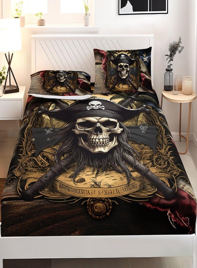 AILONEN Pirate Skull Fitted Sheet Set for Boys, Queen Size American Flag Captain Bed Sheet Set, 3-Piece Retro Nautical Skeleton Sheet With 2 Pillowcases - Image 2