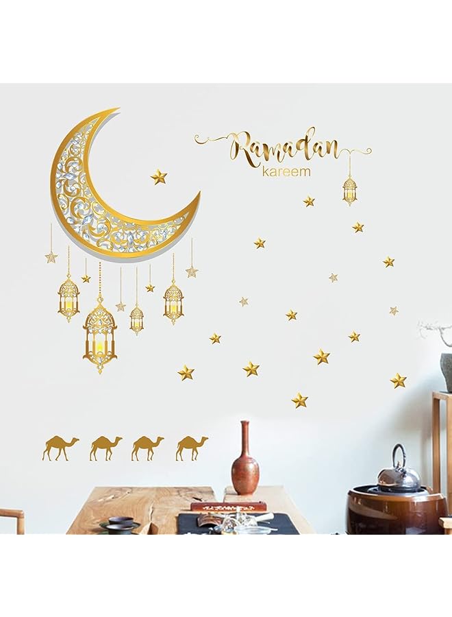 erorex Ramadan Wall Stickers Ramadan Kareem Islamic Muslim Wall Decor Stickers Eid Mubarak Lantern Camel And Moon Star Decorations For Living Room Bedroom Windows Gold A - Image 1