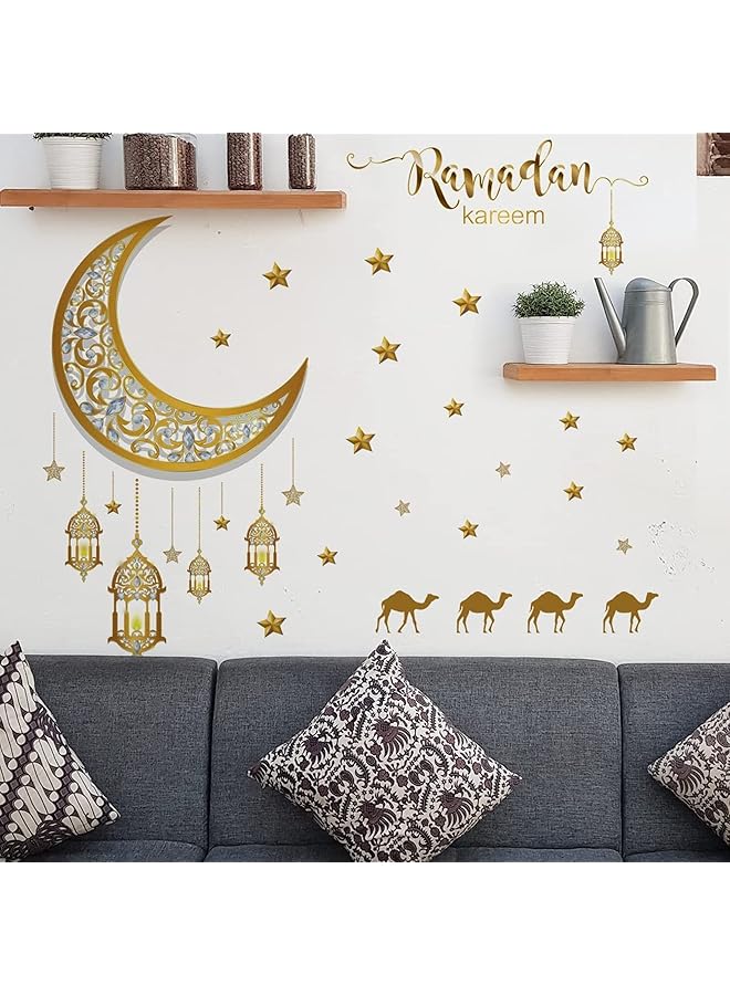erorex Ramadan Wall Stickers Ramadan Kareem Islamic Muslim Wall Decor Stickers Eid Mubarak Lantern Camel And Moon Star Decorations For Living Room Bedroom Windows Gold A - Image 4