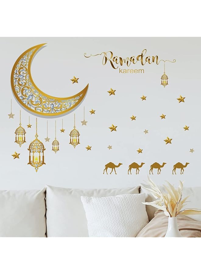 erorex Ramadan Wall Stickers Ramadan Kareem Islamic Muslim Wall Decor Stickers Eid Mubarak Lantern Camel And Moon Star Decorations For Living Room Bedroom Windows Gold A - Image 2