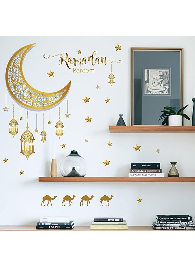 erorex Ramadan Wall Stickers Ramadan Kareem Islamic Muslim Wall Decor Stickers Eid Mubarak Lantern Camel And Moon Star Decorations For Living Room Bedroom Windows Gold A - Image 3