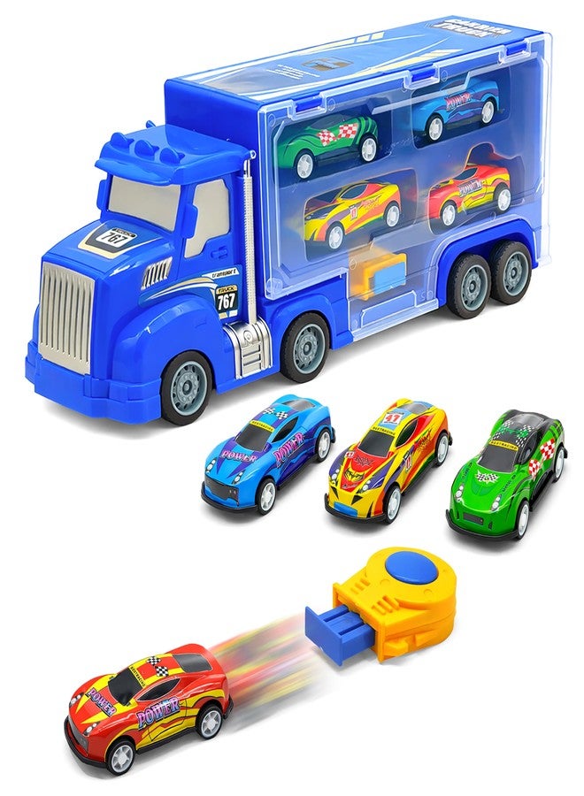 VGRASSP Push and Go Carrier Truck Toy for Kids with 4 Mini Cars and Launch Button - Interactive Transport Vehicle Toy with Built-in Car Storage - Color As Per Stock - Image 1