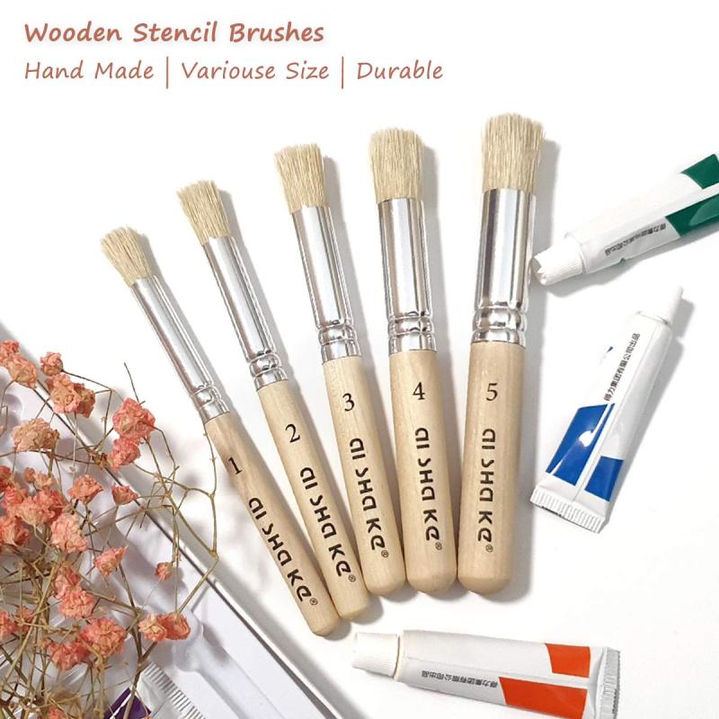 Stencil Brushes Set: 5 Graduated Sizes, Natural Bristle, Log Color Wood Handle - No Shed, Easy Grip, Easy Clean, Paint Compatible Stencil Brushes For Diy Crafts, Wall Painting, Card Making - Image 3