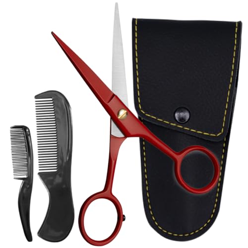 Ontaki Beard Mustache Scissors for Men 5inch True Red 410C German Steel Durable Ergonomic Design Travel Friendly Facial Hair Scissors Beard Grooming Kit 2 Combs Case Perfect for Styling - Image 1