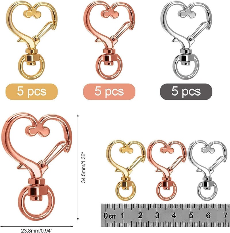 ChicAbode 15 Pcs Heart Shape Alloy Swivel Lobster Claw Clasp, Spring Snap Hook with Key Rings, Buckle Key Ring Chips, Sturdy and Durable, for Backpack, Handbag, Purse, 3 Different Color - Image 2
