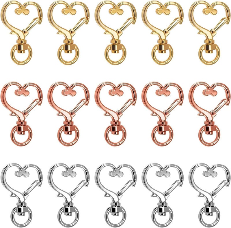 ChicAbode 15 Pcs Heart Shape Alloy Swivel Lobster Claw Clasp, Spring Snap Hook with Key Rings, Buckle Key Ring Chips, Sturdy and Durable, for Backpack, Handbag, Purse, 3 Different Color - Image 1
