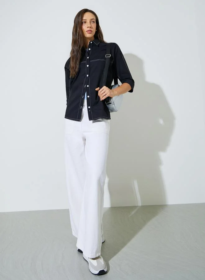 Styli Black Oversized Shirt with Contrast Stitch