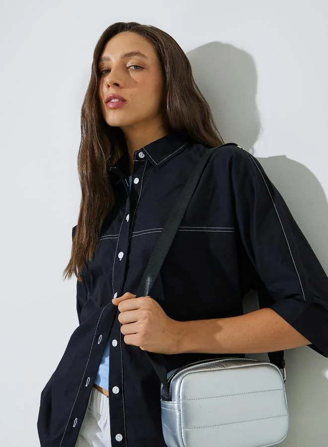 Styli Black Oversized Shirt with Contrast Stitch