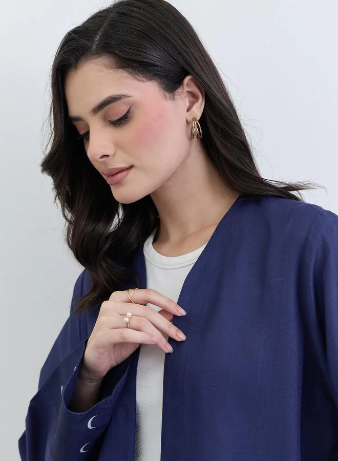 Amirah  Navy Blue Linen Abaya with Printed Cuff Detail for Women | Best Price UAE