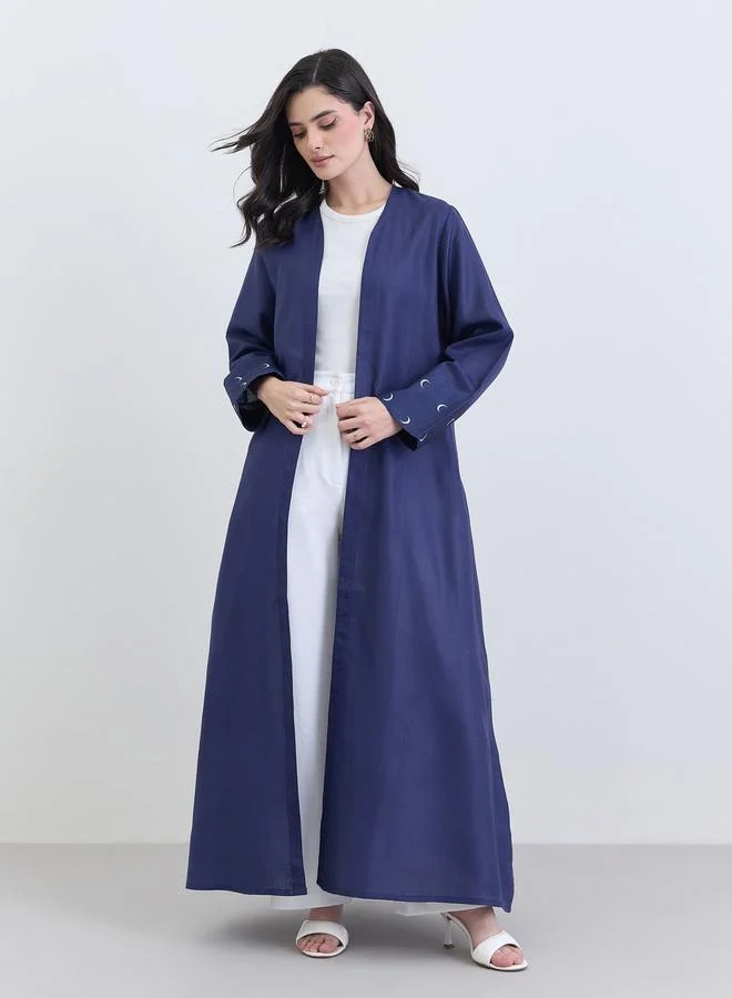Amirah  Navy Blue Linen Abaya with Printed Cuff Detail for Women | Best Price UAE