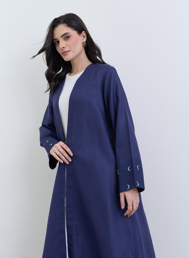 Amirah Navy Blue Linen Abaya with Printed Cuff Detail - Image 1