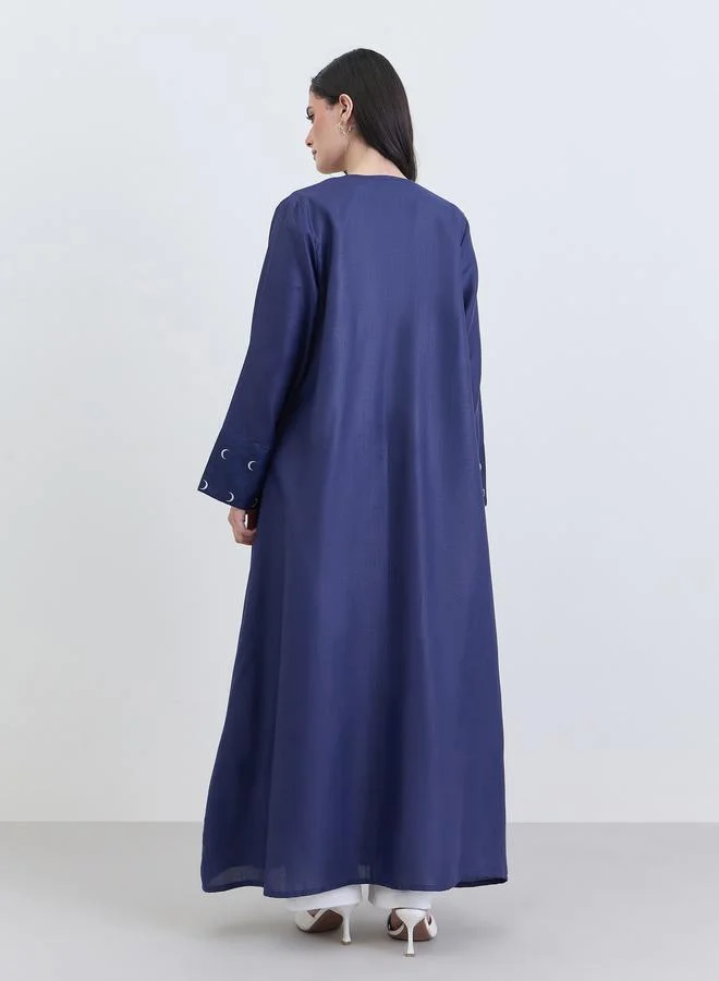Amirah  Navy Blue Linen Abaya with Printed Cuff Detail for Women | Best Price UAE