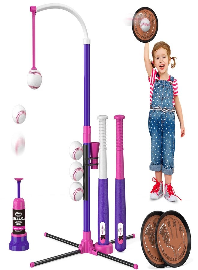 HYES 4 in 1 T Ball Set for Kids 3-5, Kids Baseball with Hanging Tee/Standing Tee/Automatic Launcher/6 Softballs, Adjustable Height Toddler Baseball Sets Indoor Outdoor Sport Gifts Toys for Girls - Image 1
