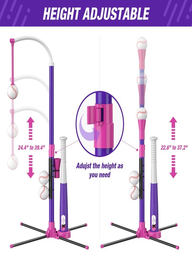 HYES 4 in 1 T Ball Set for Kids 3-5, Kids Baseball with Hanging Tee/Standing Tee/Automatic Launcher/6 Softballs, Adjustable Height Toddler Baseball Sets Indoor Outdoor Sport Gifts Toys for Girls - Image 4