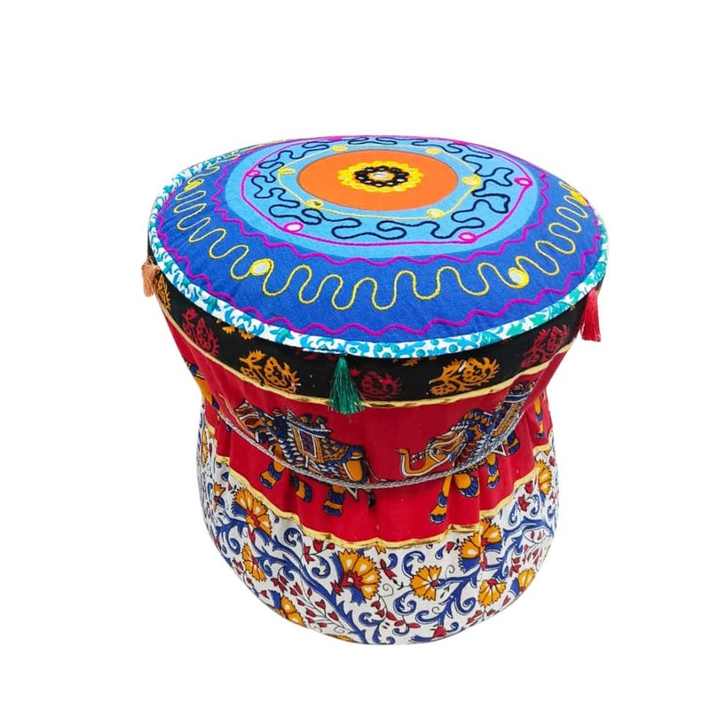 Generic JainHouse Rajasthani Style Print Design Cotton Fabric Muddy Mudda Cover 1 Pic Stool Pouffes Patio Chair Ottaman Footstools Cover for Livingroom Elephant  - Image 3