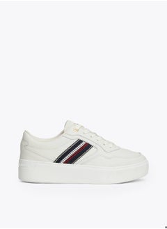 TOMMY HILFIGER Women's Signature Tape Leather Flatform Trainers - Leather, Beige  - Image 1