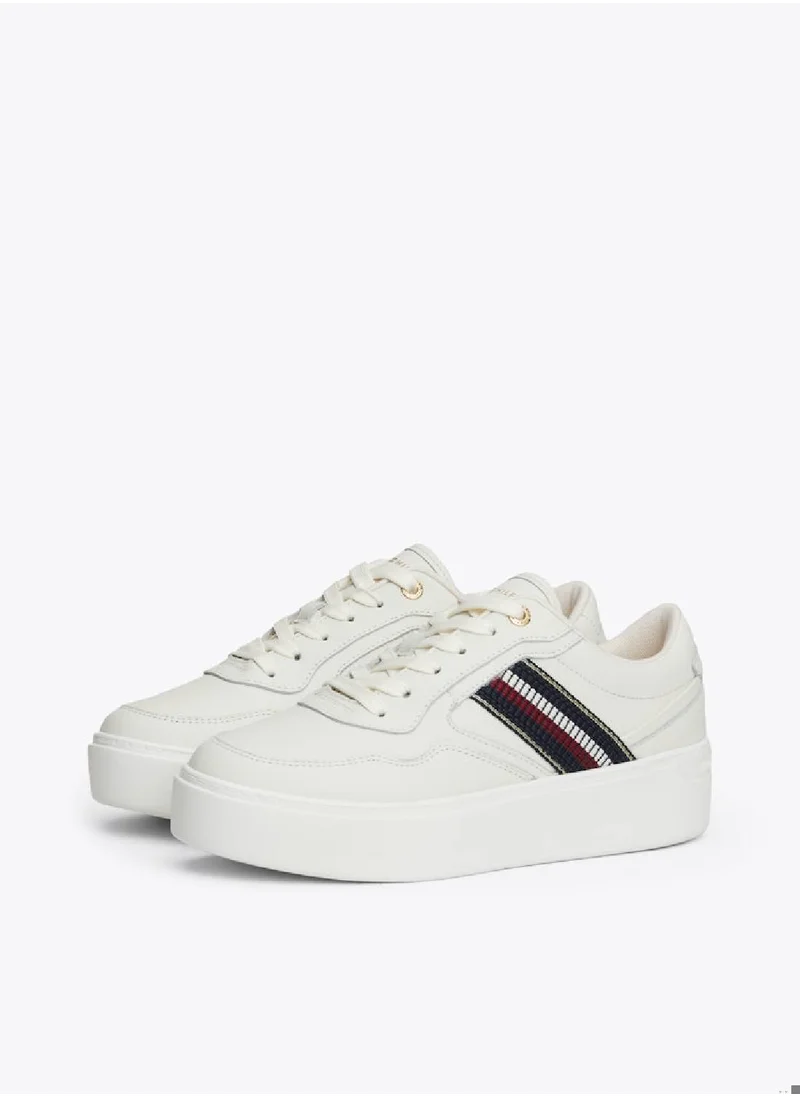 TOMMY HILFIGER Women's Signature Tape Leather Flatform Trainers - Leather, Beige