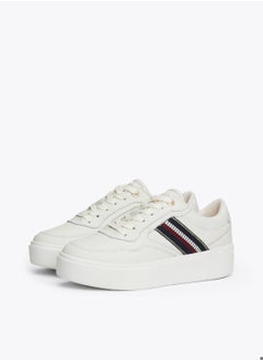 TOMMY HILFIGER Women's Signature Tape Leather Flatform Trainers - Leather, Beige  - Image 2
