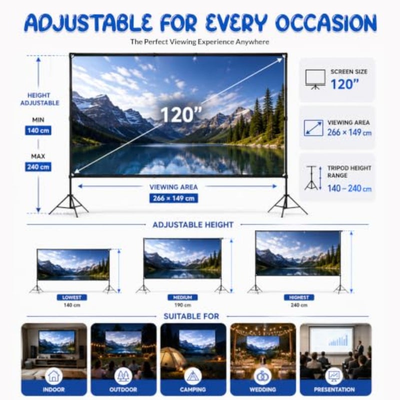 Home theater backyard cinema: 120+ inch portable foldable 4K projector screen with stand, wrinkle-free white PVC material, 16:9 aspect ratio, includes carry bag - Image 3